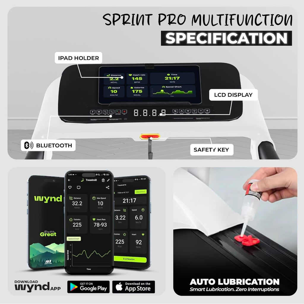 91 Durafit Sprint Pro MF Threadmill 5HP Peak | Massager| Hydraulic Foldable| 25-Level Auto-Incline | Max user-140kg | Max Speed-16kmph | White