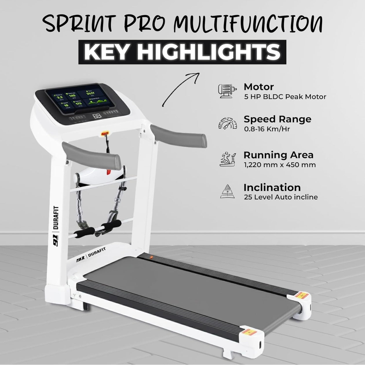 91 Durafit Sprint Pro MF Threadmill 5HP Peak | Massager| Hydraulic Foldable| 25-Level Auto-Incline | Max user-140kg | Max Speed-16kmph | White