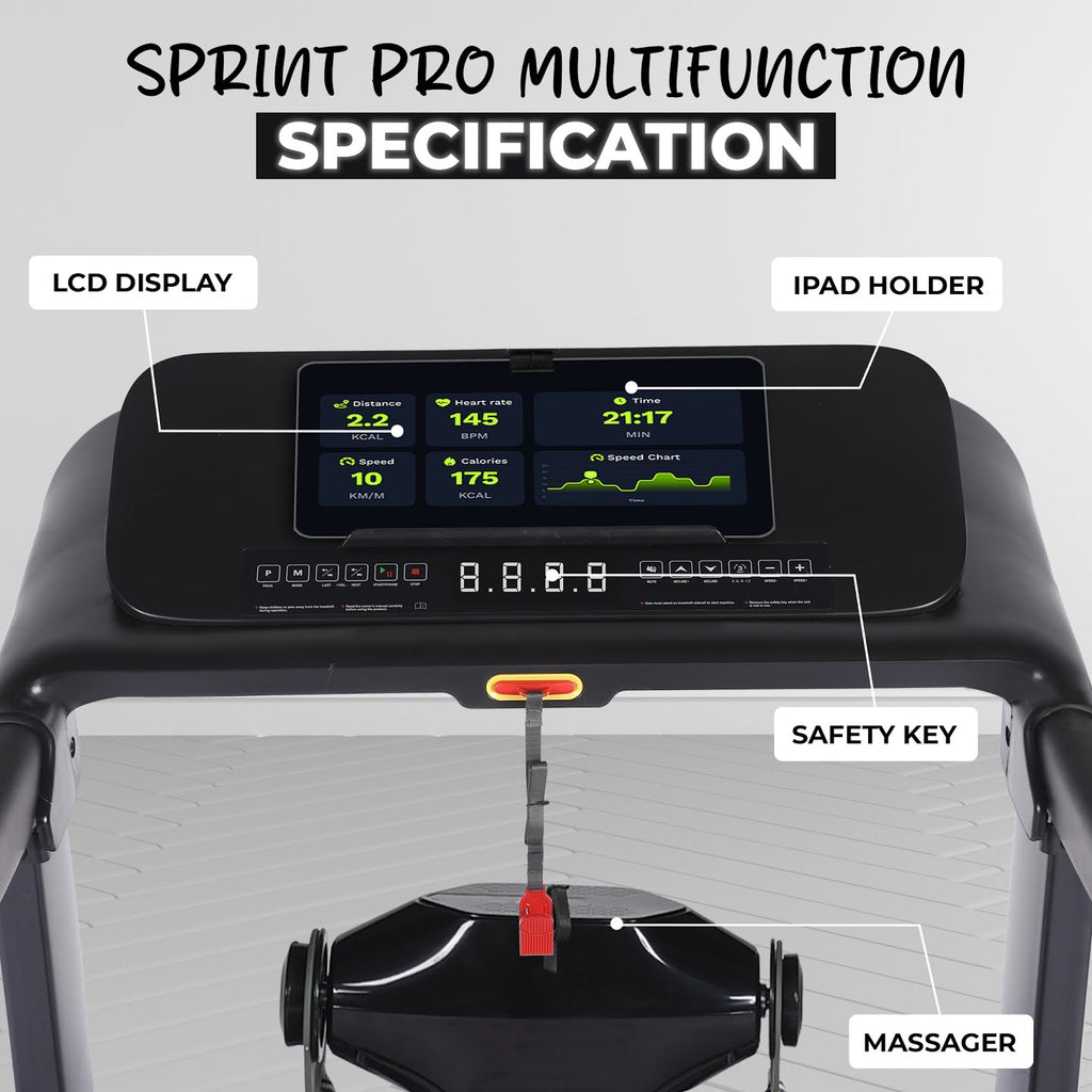 91 Durafit Sprint Pro MF Threadmill 5HP Peak | Massager| Hydraulic Foldable| 25-Level Auto-Incline | Max user-140kg | Max Speed-16kmph | Black