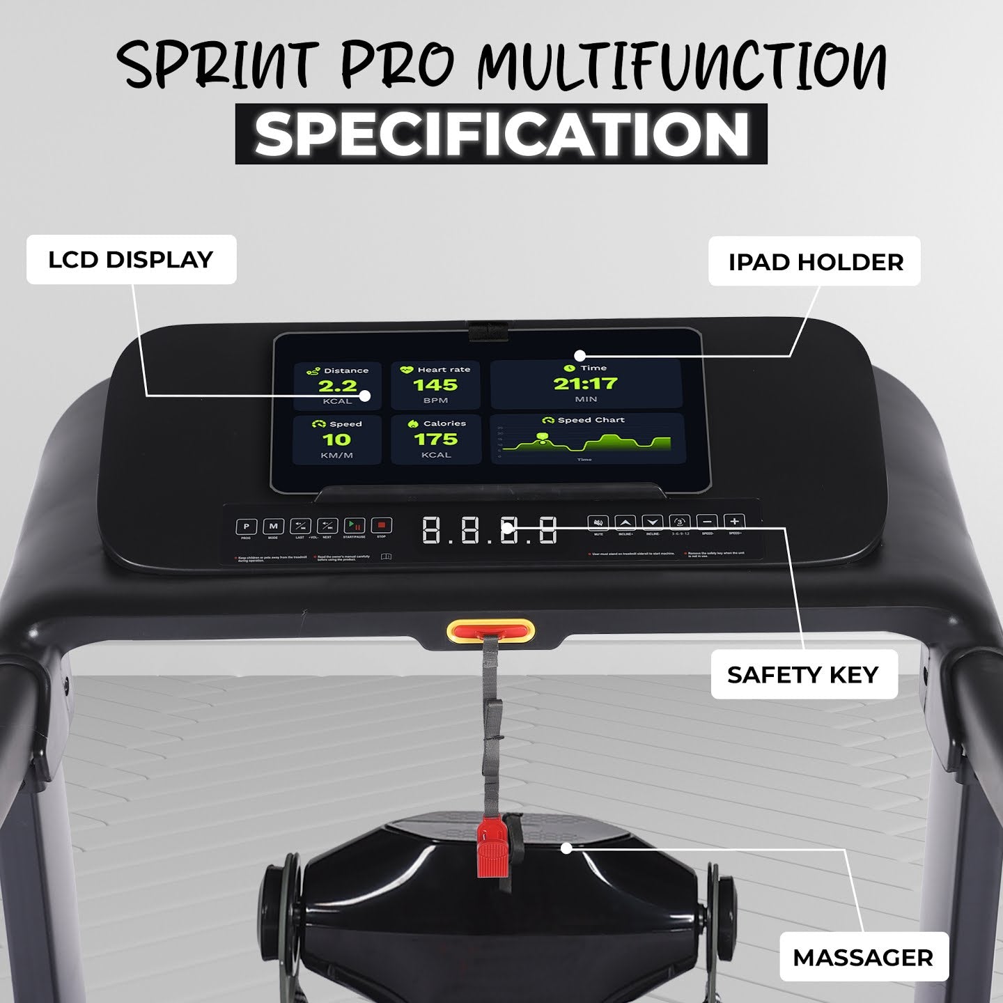 91 Durafit Sprint Pro MF Threadmill 5HP Peak | Massager| Hydraulic Foldable| 25-Level Auto-Incline | Max user-140kg | Max Speed-16kmph | Black