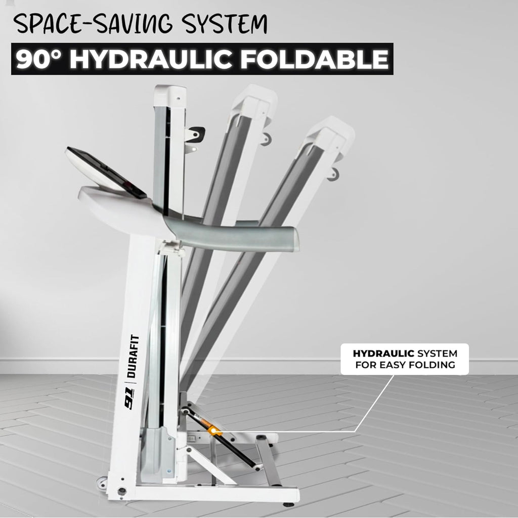 91 Durafit Sprint Pro MF Threadmill 5HP Peak | Massager| Hydraulic Foldable| 25-Level Auto-Incline | Max user-140kg | Max Speed-16kmph | White
