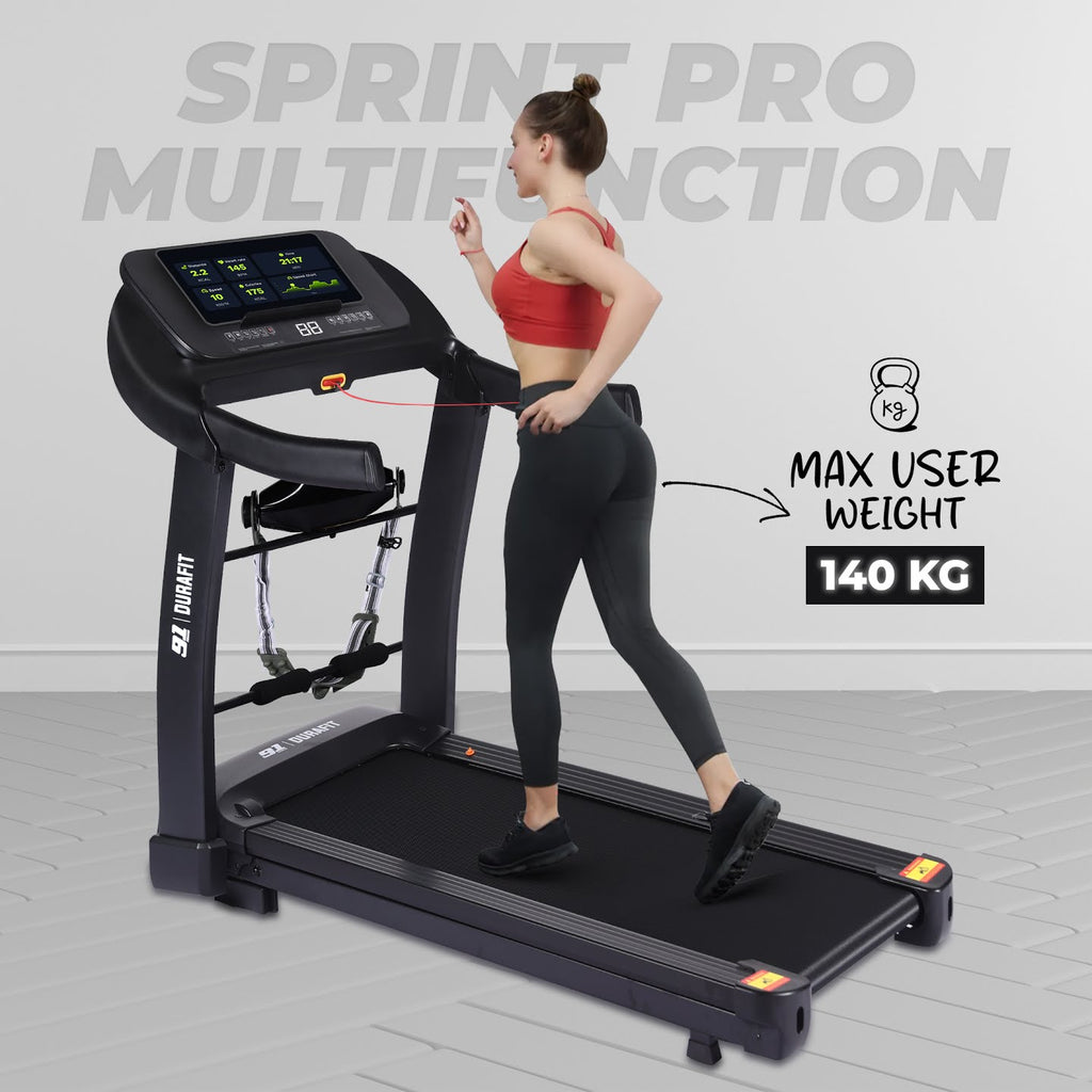 91 Durafit Sprint Pro MF Threadmill 5HP Peak | Massager| Hydraulic Foldable| 25-Level Auto-Incline | Max user-140kg | Max Speed-16kmph | Black