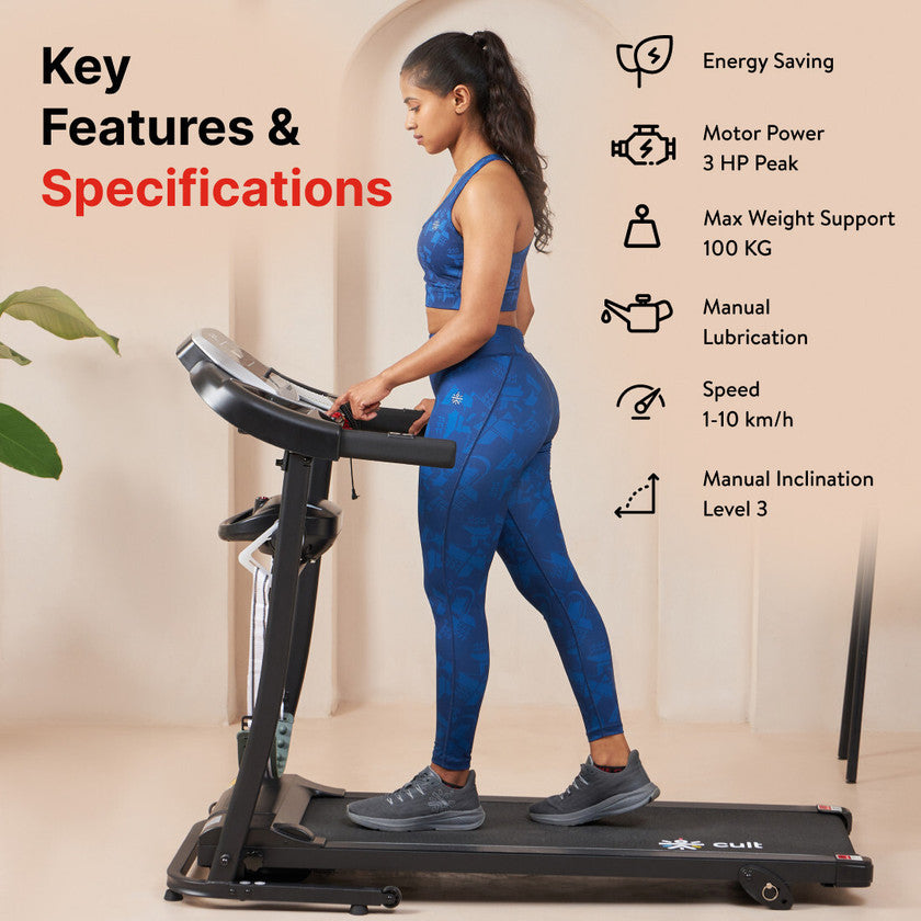 CULT RUN M3.0 Treadmill 3HP Peak | Massager | 3-level Manual-Incline | Max Weight-100kg | Max Speed-10kmph