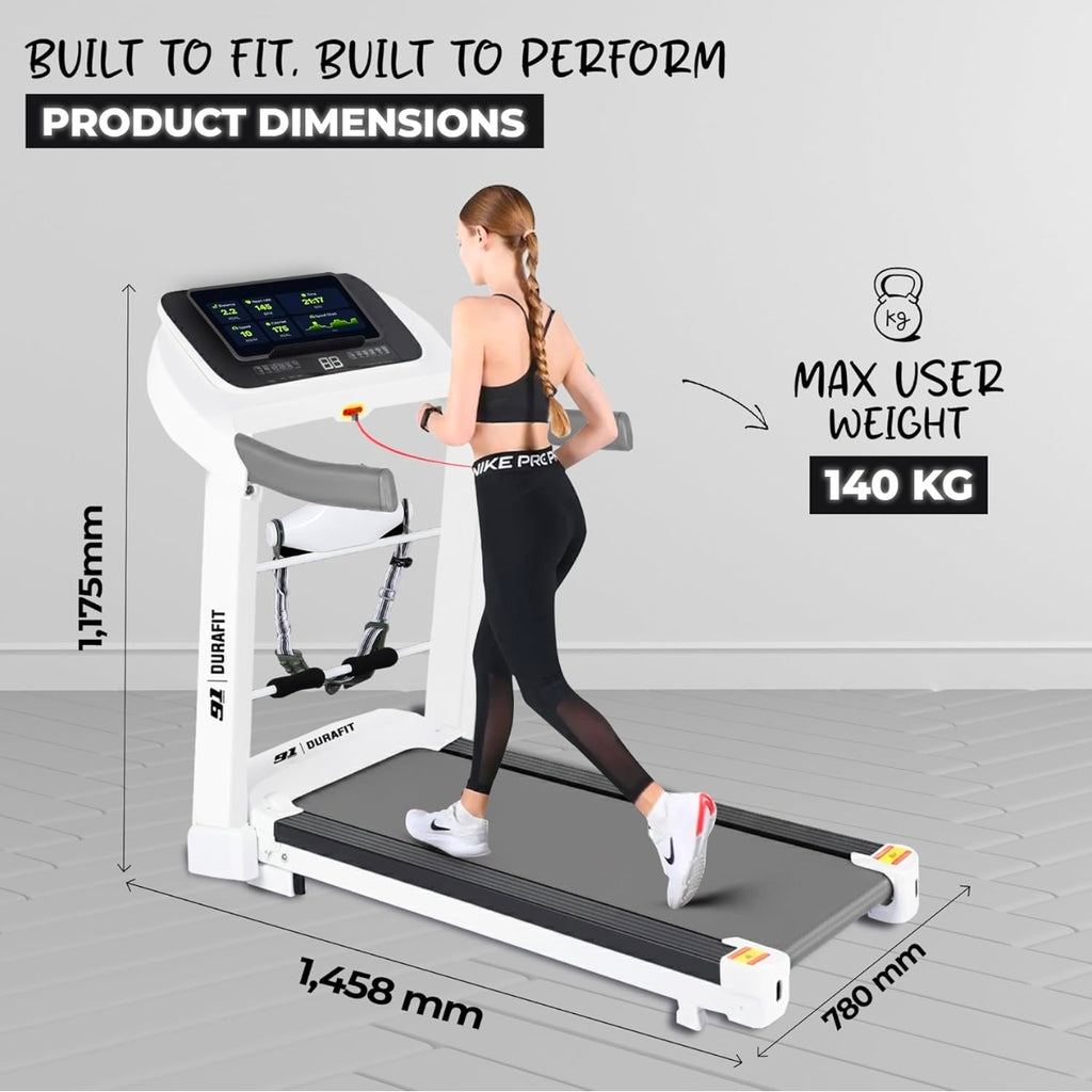91 Durafit Sprint Pro MF Threadmill 5HP Peak | Massager| Hydraulic Foldable| 25-Level Auto-Incline | Max user-140kg | Max Speed-16kmph | White