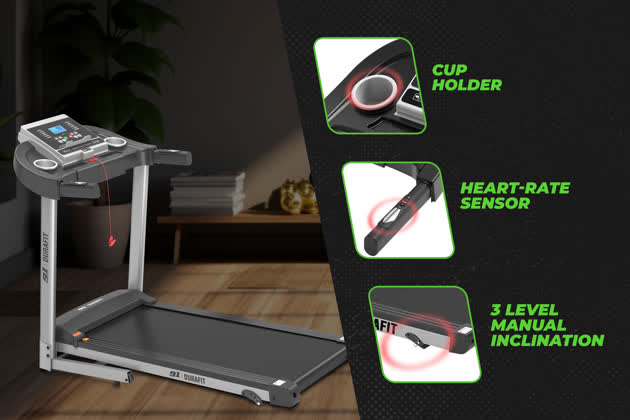 91 Durafit Strong MF Threadmill 4.5HP Peak | Massager | 3-Level Manual-Incline | Max Weight-120Kg | Max Speed-14kmph