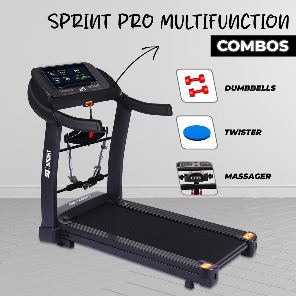 91 Durafit Sprint Pro MF Threadmill 5HP Peak | Massager| Hydraulic Foldable| 25-Level Auto-Incline | Max user-140kg | Max Speed-16kmph | Black