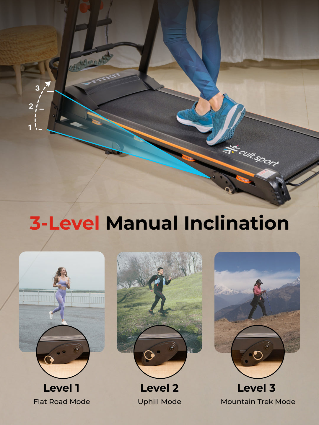 FIT KIT FT100M Treadmill 3.25HP Peak | Massager | 3-level Manual-Incline | Max Weight-110kg | Max Speed-14.8kmph