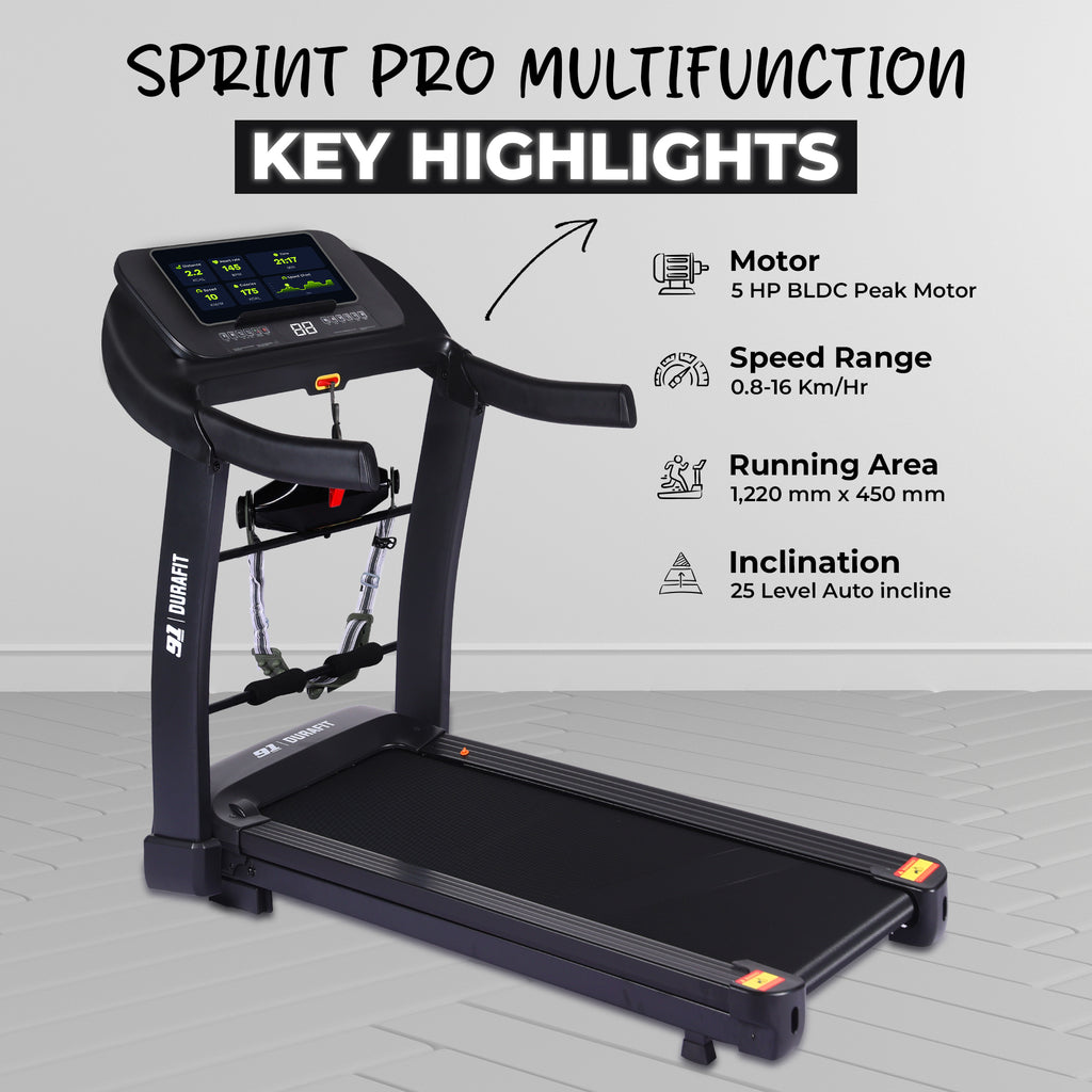 91 Durafit Sprint Pro MF Threadmill 5HP Peak | Massager| Hydraulic Foldable| 25-Level Auto-Incline | Max user-140kg | Max Speed-16kmph | Black