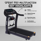 91 Durafit Sprint Pro MF Threadmill 5HP Peak | Massager| Hydraulic Foldable| 25-Level Auto-Incline | Max user-140kg | Max Speed-16kmph | Black
