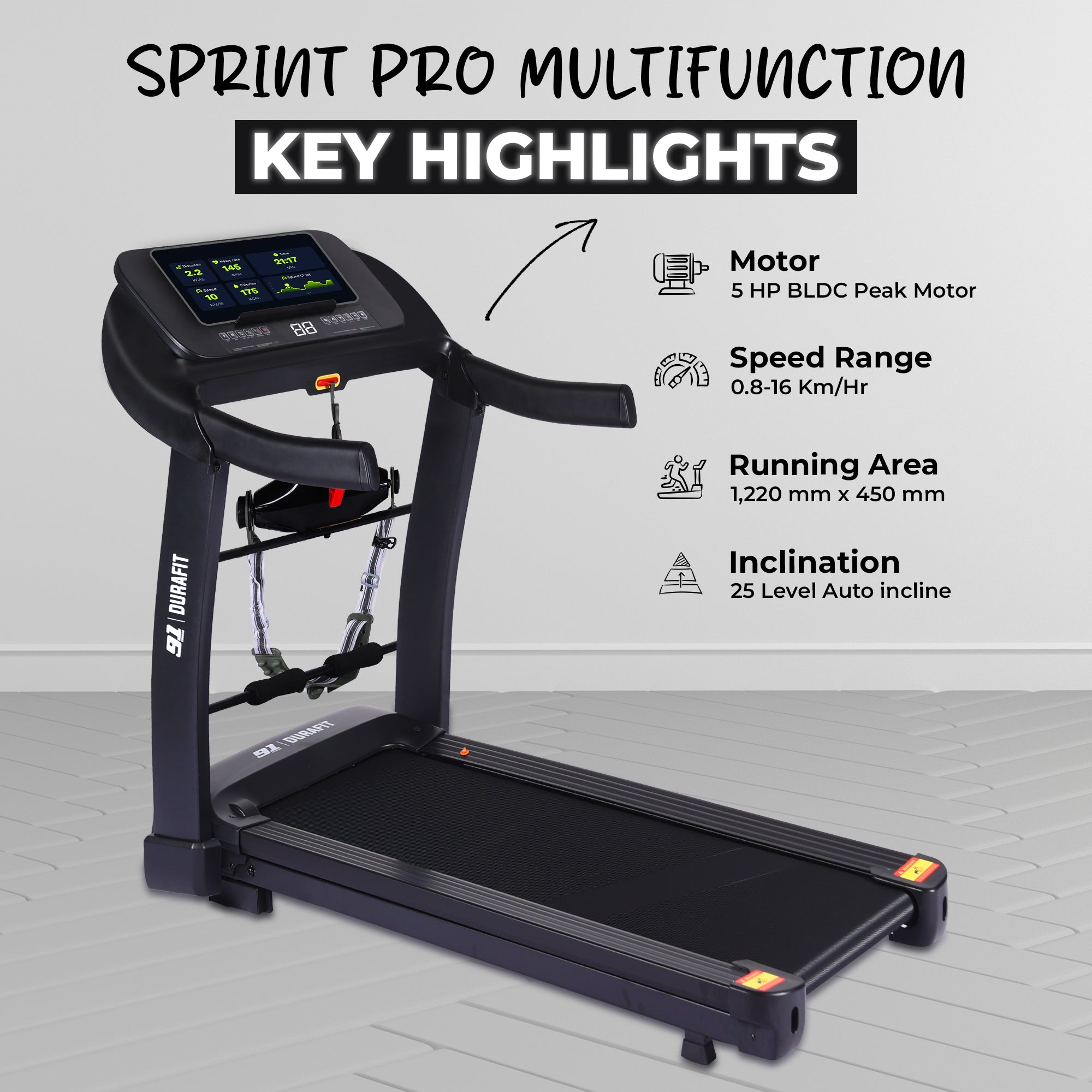 91 Durafit Sprint Pro MF Threadmill 5HP Peak | Massager| Hydraulic Foldable| 25-Level Auto-Incline | Max user-140kg | Max Speed-16kmph | Black